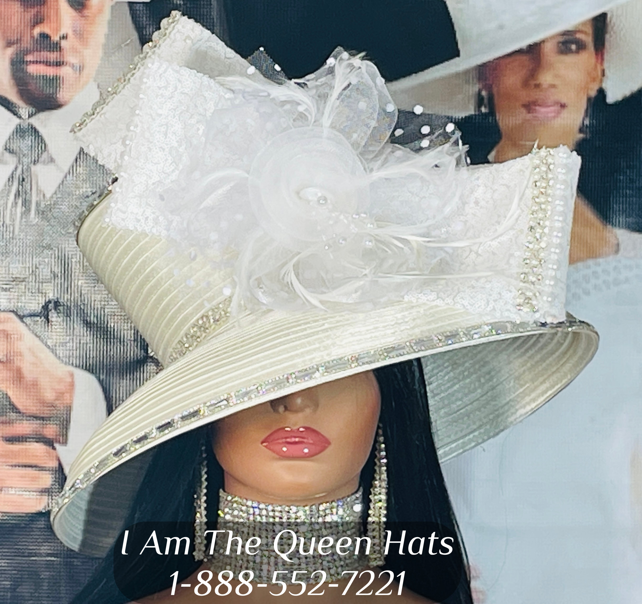 442-W Queen Hat Elegance: Turn-Down Brim Church Hat Adorned with  Rhinestones, Sequins, and Floral Grace